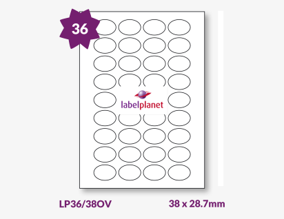 Oval Labels For Inkjet/Laser Printers, 36 per sheet, 38 x 28.7mm, LP36/38OV
