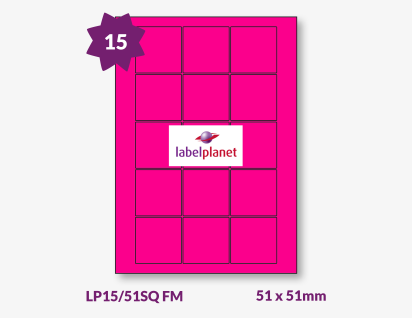 Pink Fluorescent Labels For Laser Printers, 15 per sheet, 51 x 51mm, LP15/51SQ FM