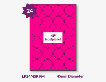 Pink Fluorescent Labels For Laser Printers, 24 per sheet, 45mm diameter, LP24/45R FM