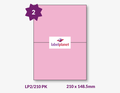 Pink Labels For Inkjet/Laser Printers, 2 per sheet, 210 x 148.5mm, LP2/210 PK