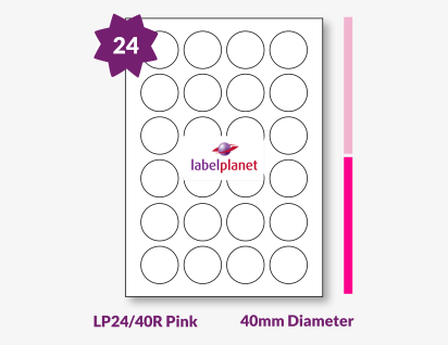 Pink Labels For Inkjet/Laser Printers, 24 per sheet, 40mm diameter, LP24/40R Pink