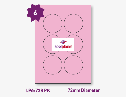 Pink Labels For Inkjet/Laser Printers, 6 per sheet, 72mm diameter, LP6/72R PK