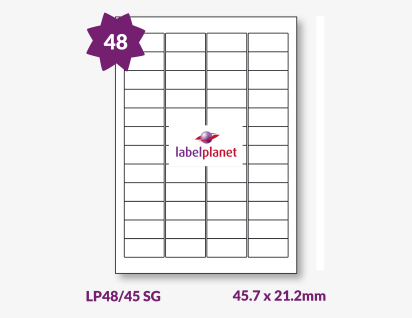 Semi-Gloss White Labels For Laser Printers, 48 per sheet, 45.7 x 21.2mm, LP48/45 SG