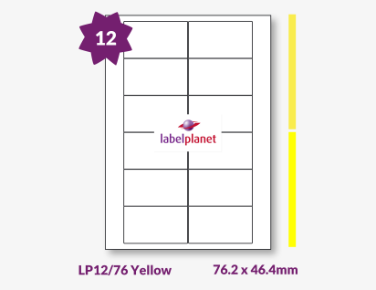 Yellow Labels For Inkjet/Laser Printers, 12 per sheet, 76.2 x 46.4mm, LP12/76 Yellow