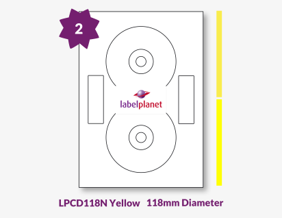 Yellow Labels For Inkjet/Laser Printers, 2 per sheet, 118mm CD/DVD, LPCD118N Yellow