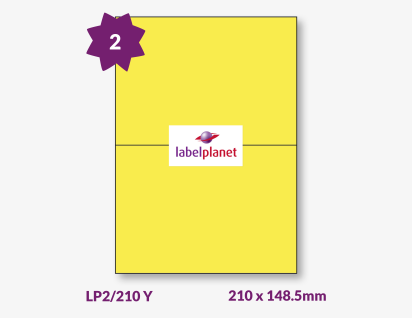 Yellow Labels For Inkjet/Laser Printers, 2 per sheet, 210 x 148.5mm, LP2/210 Y