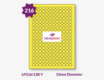 Yellow Labels For Inkjet/Laser Printers, 216 per sheet, 13mm diameter, LP216/13R Y