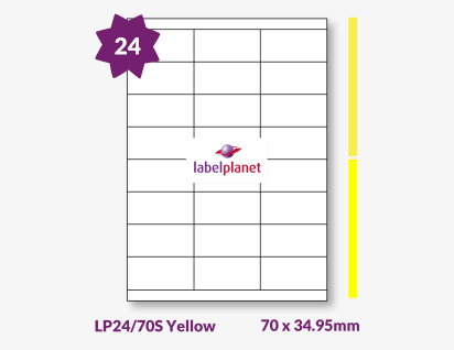 Yellow Labels For Inkjet/Laser Printers, 24 per sheet, 70 x 34.95mm, LP24/70S Yellow