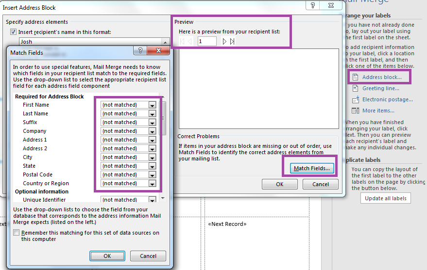 Label Template - Match Fields In Mail Merge Address Block