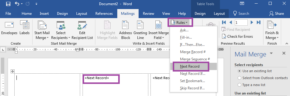 Label Templates - Adding The Next Record Rule In Mail Merge