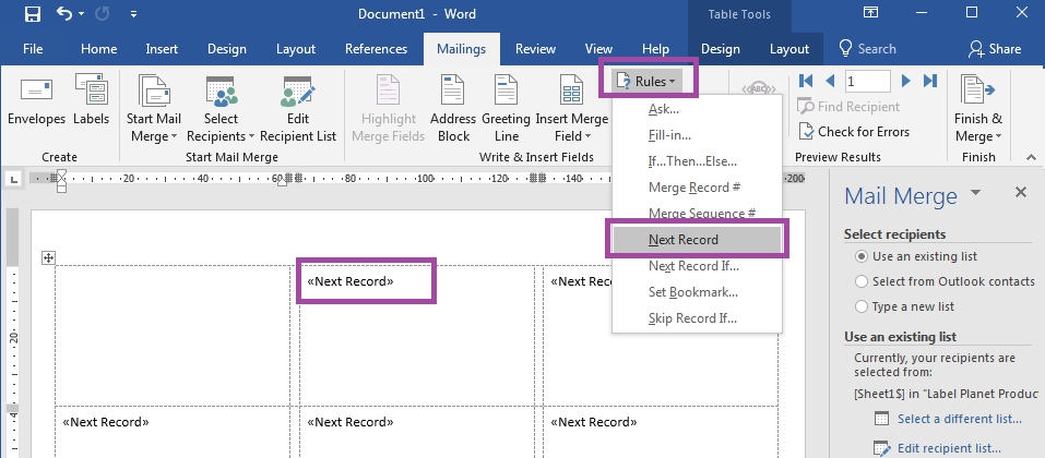 How To Add The Next Record Rule In Word's Mail Merge