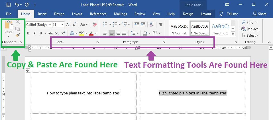 How to add plain text to label templates in Word