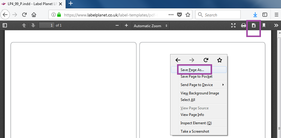 Downloading PDF label templates in Firefox Browser