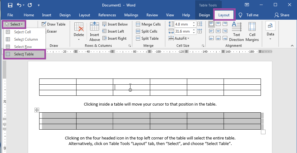 Selecting a table in Word Label Templates