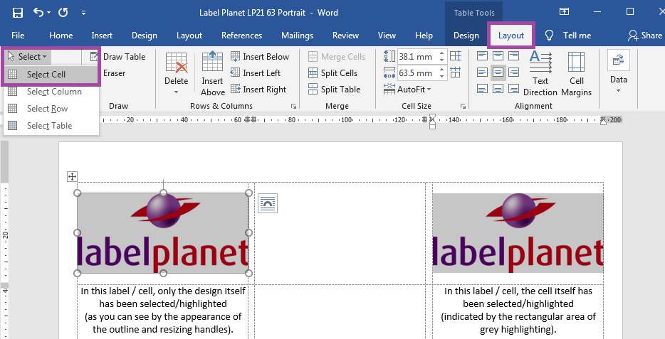 How to select a single label or cell in Word label templates