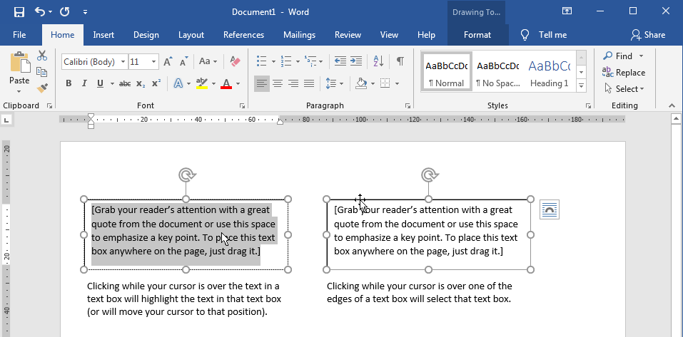 Selecting a text box in Word Label Templates