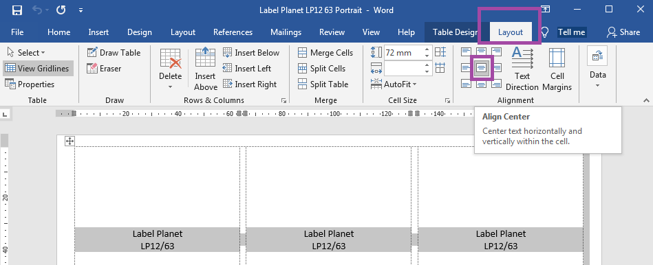 How to centrally align label templates