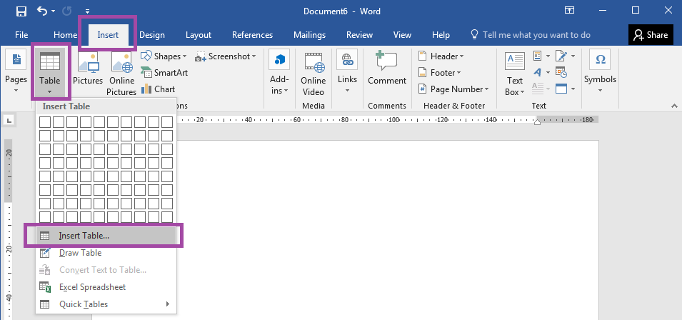 How to insert a table using Table Tools in Word