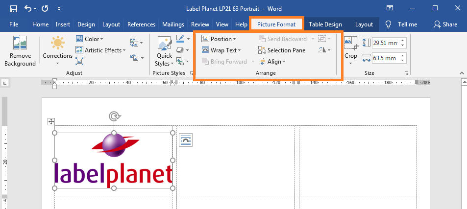 How to find Word's arrange tools for label templates