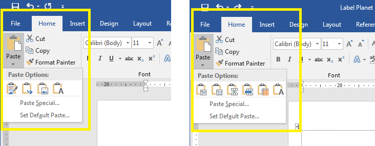 How to find the Paste Options available in Word