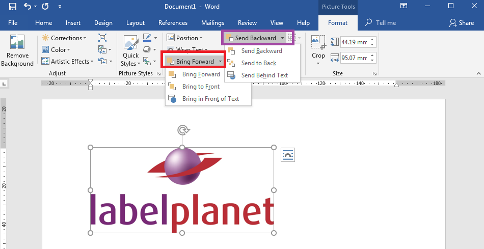 How to format images in Word label templates - Bring/Send Forwards/Backwards