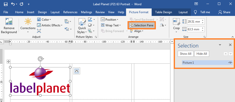 How to find the selection pane for Word label templates