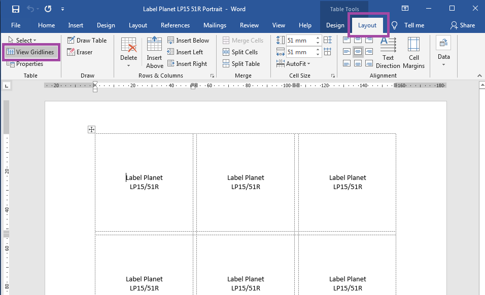 View table gridlines in Word label templates